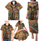 Australian Aboriginal Art Kangaroo Family Matching Puletasi and Hawaiian Shirt Looking Forward Looking Blak Aboriginal Dot Painting