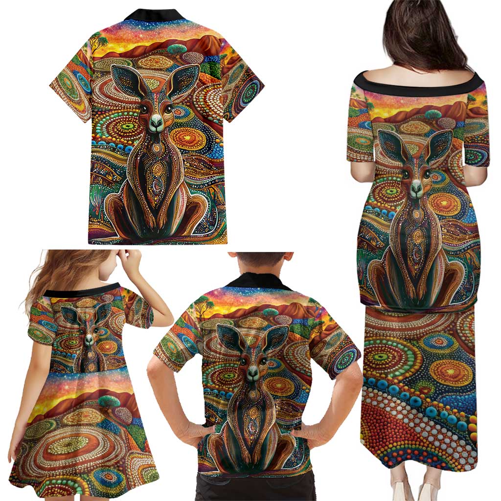 Australian Aboriginal Art Kangaroo Family Matching Puletasi and Hawaiian Shirt Looking Forward Looking Blak Aboriginal Dot Painting