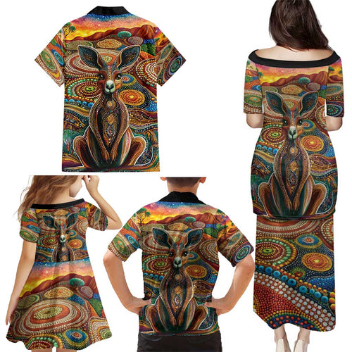 Australian Aboriginal Art Kangaroo Family Matching Puletasi and Hawaiian Shirt Looking Forward Looking Blak Aboriginal Dot Painting