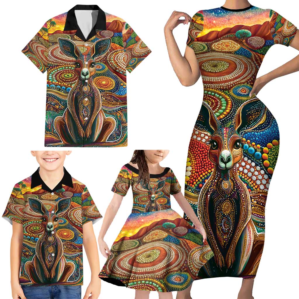Australian Aboriginal Art Kangaroo Family Matching Short Sleeve Bodycon Dress and Hawaiian Shirt Looking Forward Looking Blak Aboriginal Dot Painting