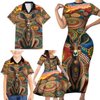 Australian Aboriginal Art Kangaroo Family Matching Short Sleeve Bodycon Dress and Hawaiian Shirt Looking Forward Looking Blak Aboriginal Dot Painting