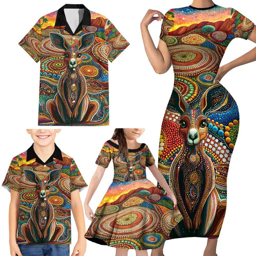 Australian Aboriginal Art Kangaroo Family Matching Short Sleeve Bodycon Dress and Hawaiian Shirt Looking Forward Looking Blak Aboriginal Dot Painting