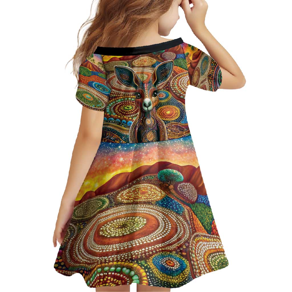 Australian Aboriginal Art Kangaroo Family Matching Short Sleeve Bodycon Dress and Hawaiian Shirt Looking Forward Looking Blak Aboriginal Dot Painting