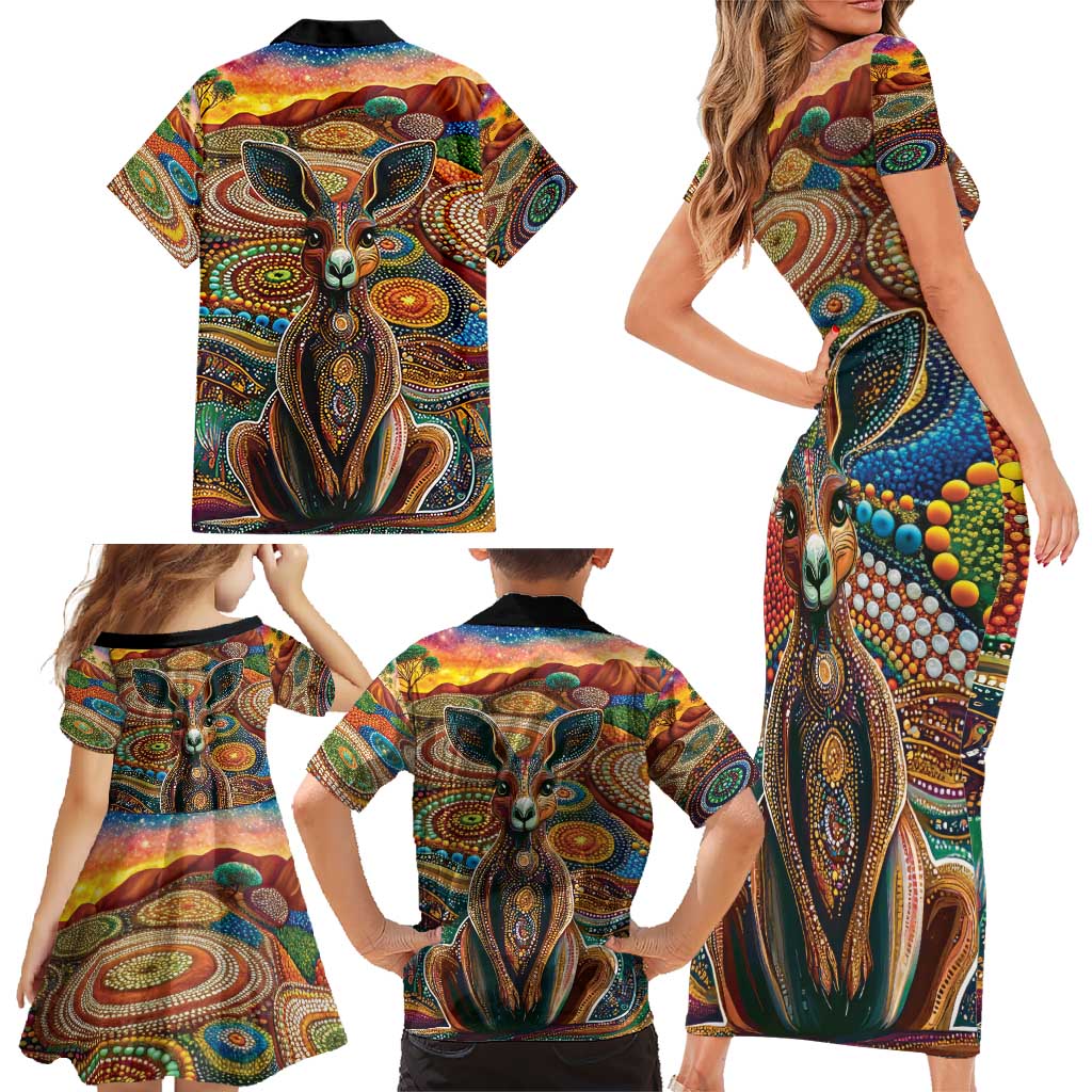 Australian Aboriginal Art Kangaroo Family Matching Short Sleeve Bodycon Dress and Hawaiian Shirt Looking Forward Looking Blak Aboriginal Dot Painting
