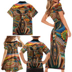 Australian Aboriginal Art Kangaroo Family Matching Short Sleeve Bodycon Dress and Hawaiian Shirt Looking Forward Looking Blak Aboriginal Dot Painting