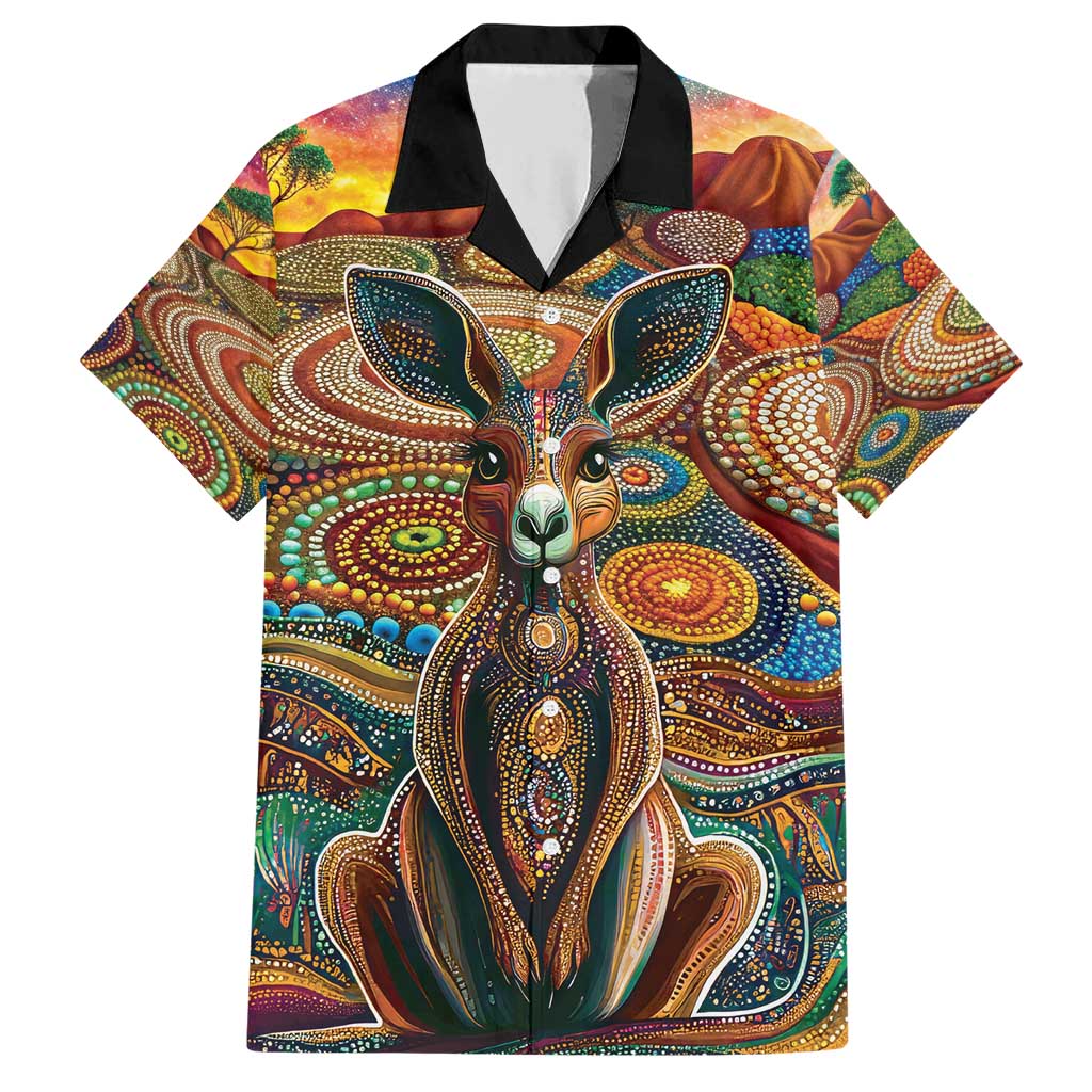 Australian Aboriginal Art Kangaroo Family Matching Short Sleeve Bodycon Dress and Hawaiian Shirt Looking Forward Looking Blak Aboriginal Dot Painting