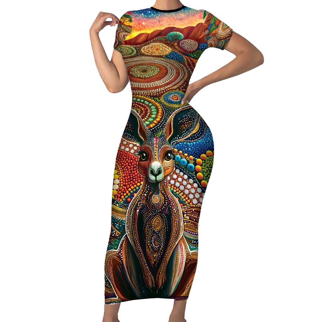 Australian Aboriginal Art Kangaroo Family Matching Short Sleeve Bodycon Dress and Hawaiian Shirt Looking Forward Looking Blak Aboriginal Dot Painting