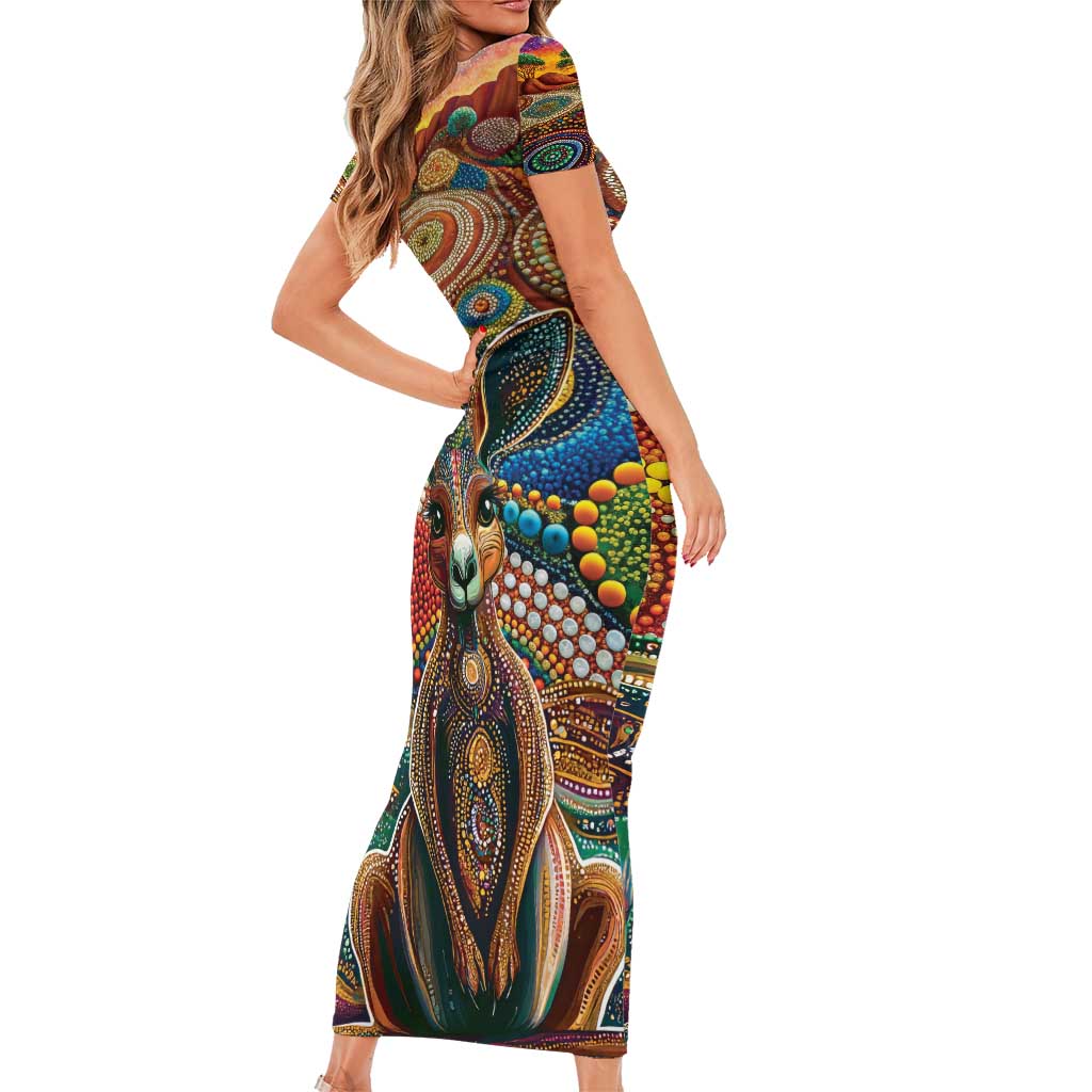 Australian Aboriginal Art Kangaroo Family Matching Short Sleeve Bodycon Dress and Hawaiian Shirt Looking Forward Looking Blak Aboriginal Dot Painting