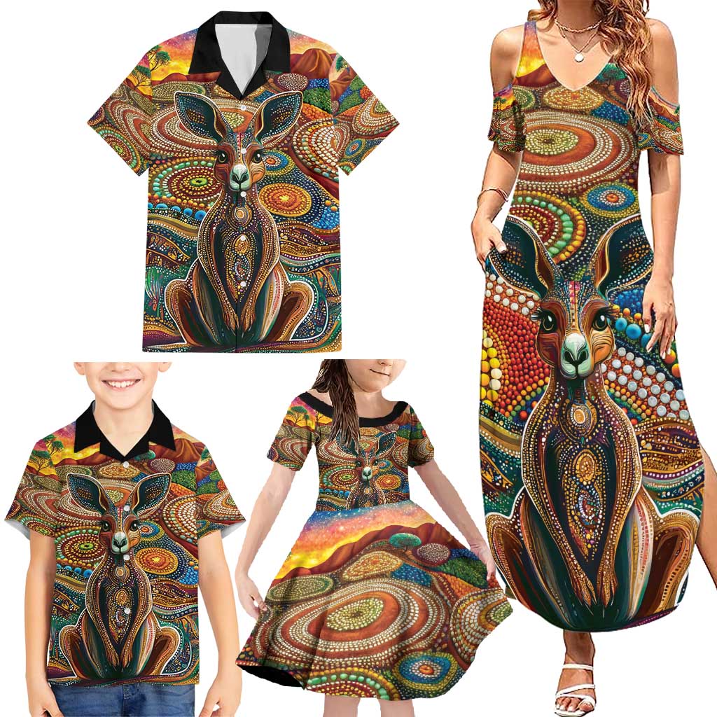 Australian Aboriginal Art Kangaroo Family Matching Summer Maxi Dress and Hawaiian Shirt Looking Forward Looking Blak Aboriginal Dot Painting
