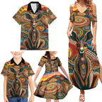 Australian Aboriginal Art Kangaroo Family Matching Summer Maxi Dress and Hawaiian Shirt Looking Forward Looking Blak Aboriginal Dot Painting