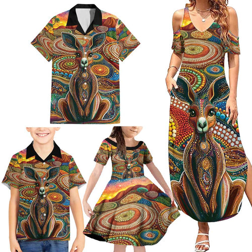 Australian Aboriginal Art Kangaroo Family Matching Summer Maxi Dress and Hawaiian Shirt Looking Forward Looking Blak Aboriginal Dot Painting