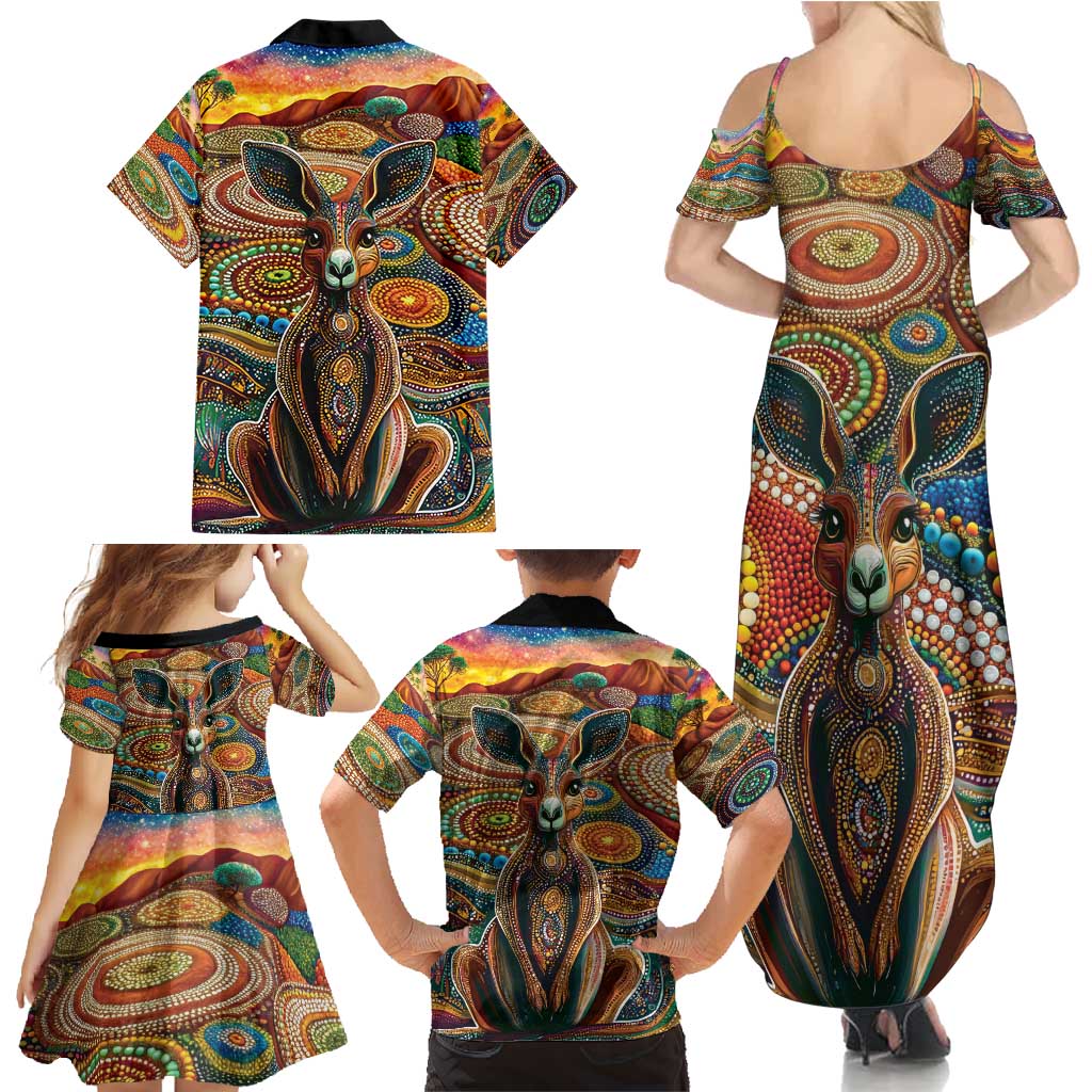 Australian Aboriginal Art Kangaroo Family Matching Summer Maxi Dress and Hawaiian Shirt Looking Forward Looking Blak Aboriginal Dot Painting