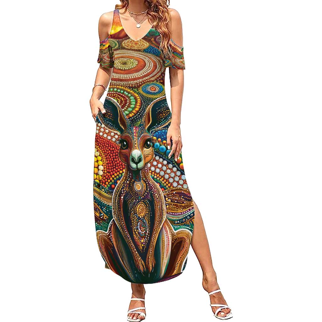 Australian Aboriginal Art Kangaroo Family Matching Summer Maxi Dress and Hawaiian Shirt Looking Forward Looking Blak Aboriginal Dot Painting