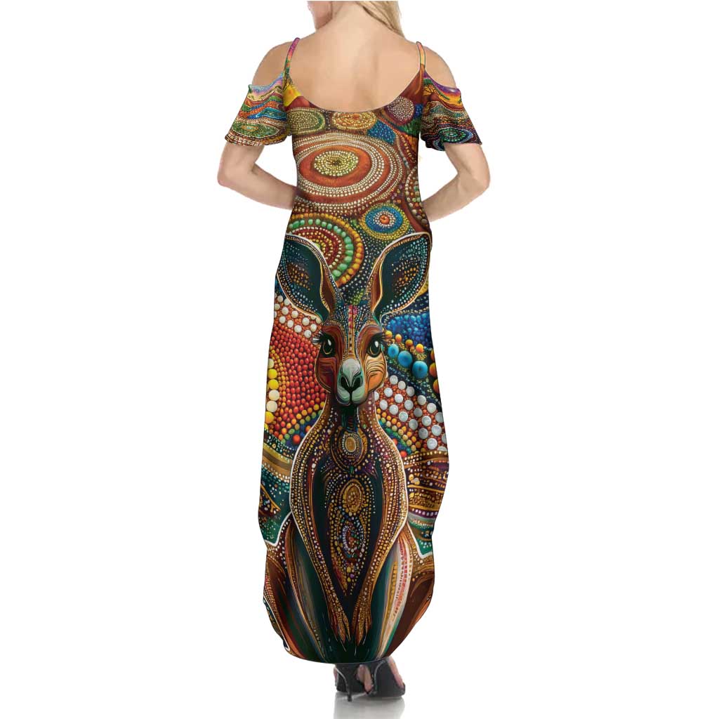 Australian Aboriginal Art Kangaroo Family Matching Summer Maxi Dress and Hawaiian Shirt Looking Forward Looking Blak Aboriginal Dot Painting
