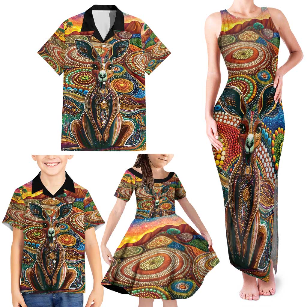 Australian Aboriginal Art Kangaroo Family Matching Tank Maxi Dress and Hawaiian Shirt Looking Forward Looking Blak Aboriginal Dot Painting