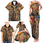 Australian Aboriginal Art Kangaroo Family Matching Tank Maxi Dress and Hawaiian Shirt Looking Forward Looking Blak Aboriginal Dot Painting