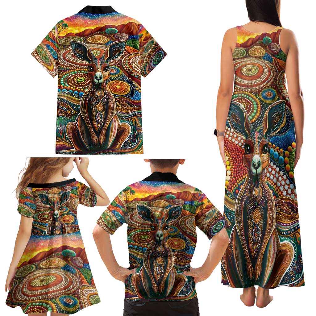 Australian Aboriginal Art Kangaroo Family Matching Tank Maxi Dress and Hawaiian Shirt Looking Forward Looking Blak Aboriginal Dot Painting