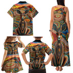 Australian Aboriginal Art Kangaroo Family Matching Tank Maxi Dress and Hawaiian Shirt Looking Forward Looking Blak Aboriginal Dot Painting