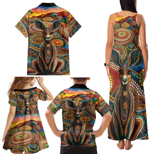 Australian Aboriginal Art Kangaroo Family Matching Tank Maxi Dress and Hawaiian Shirt Looking Forward Looking Blak Aboriginal Dot Painting