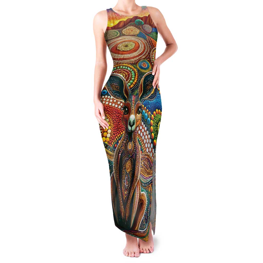 Australian Aboriginal Art Kangaroo Family Matching Tank Maxi Dress and Hawaiian Shirt Looking Forward Looking Blak Aboriginal Dot Painting