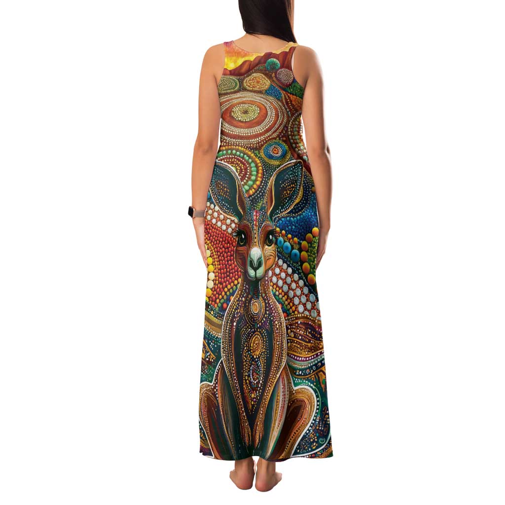 Australian Aboriginal Art Kangaroo Family Matching Tank Maxi Dress and Hawaiian Shirt Looking Forward Looking Blak Aboriginal Dot Painting