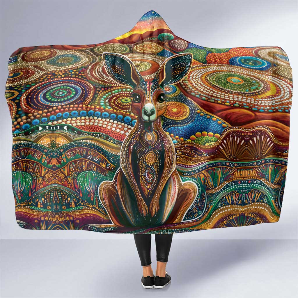 Australian Aboriginal Art Kangaroo Hooded Blanket Looking Forward Looking Blak Aboriginal Dot Painting