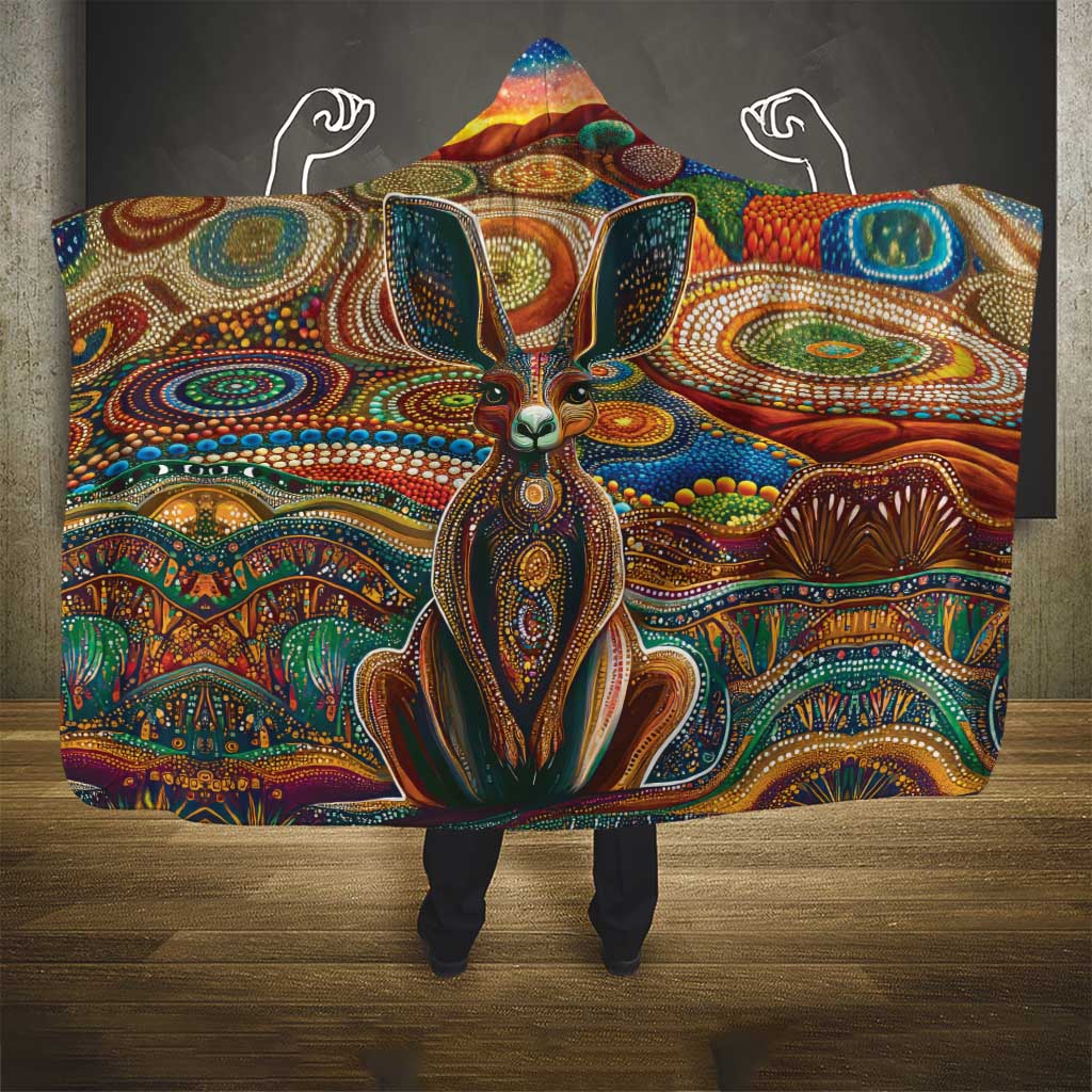 Australian Aboriginal Art Kangaroo Hooded Blanket Looking Forward Looking Blak Aboriginal Dot Painting