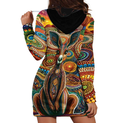 Australian Aboriginal Art Kangaroo Hoodie Dress Looking Forward Looking Blak Aboriginal Dot Painting