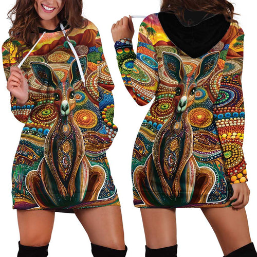 Australian Aboriginal Art Kangaroo Hoodie Dress Looking Forward Looking Blak Aboriginal Dot Painting