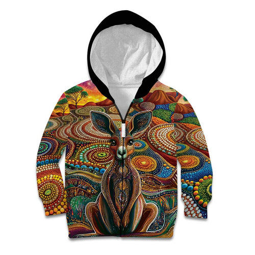 Australian Aboriginal Art Kangaroo Kid Hoodie Looking Forward Looking Blak Aboriginal Dot Painting