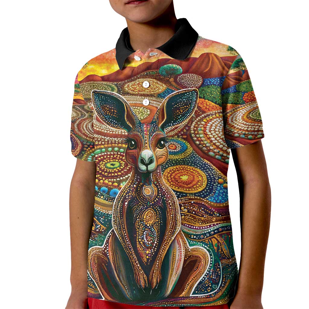 Australian Aboriginal Art Kangaroo Kid Polo Shirt Looking Forward Looking Blak Aboriginal Dot Painting