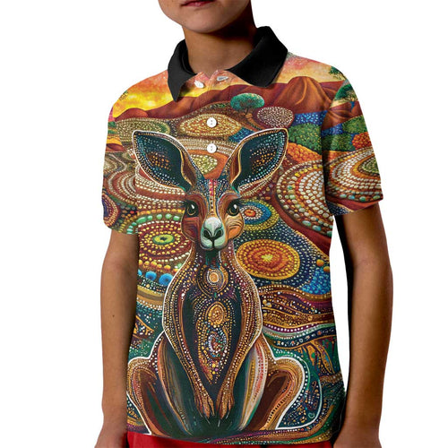 Australian Aboriginal Art Kangaroo Kid Polo Shirt Looking Forward Looking Blak Aboriginal Dot Painting