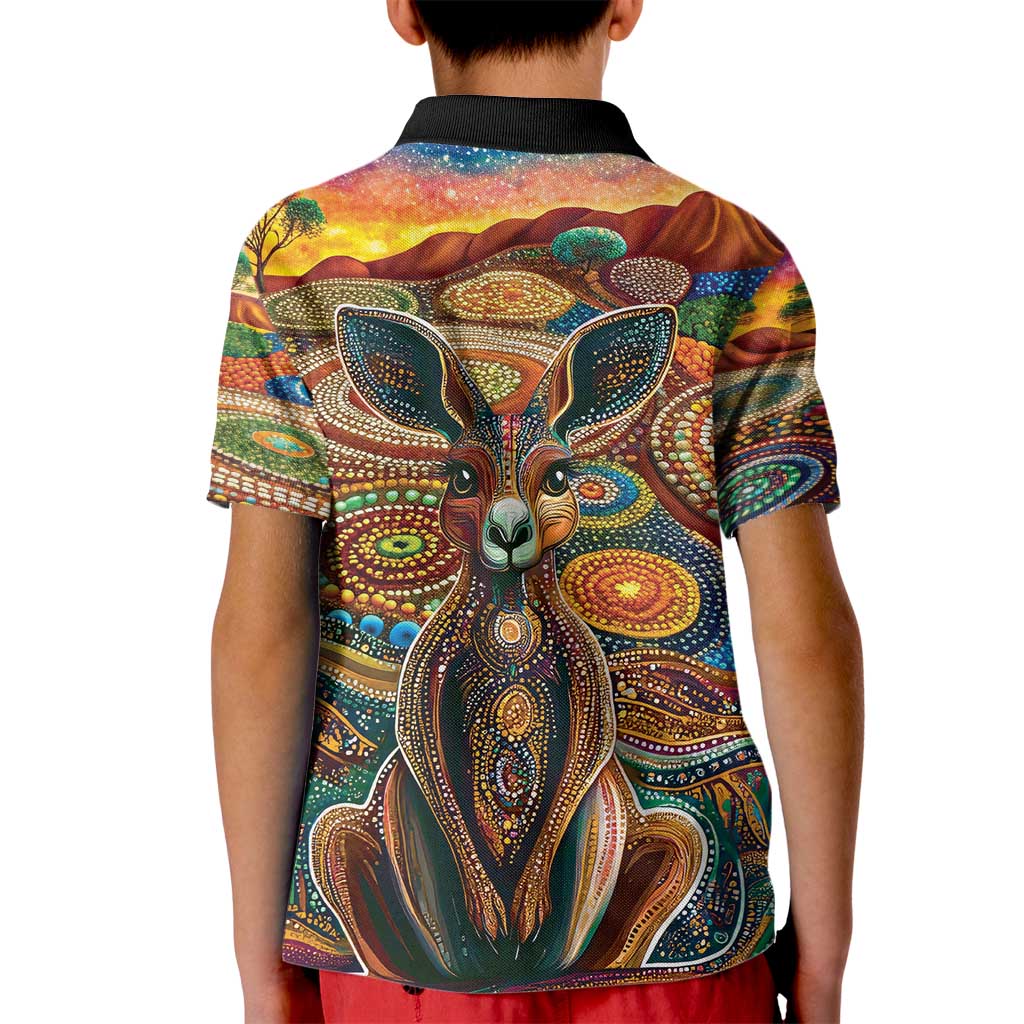 Australian Aboriginal Art Kangaroo Kid Polo Shirt Looking Forward Looking Blak Aboriginal Dot Painting