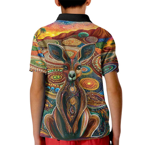 Australian Aboriginal Art Kangaroo Kid Polo Shirt Looking Forward Looking Blak Aboriginal Dot Painting