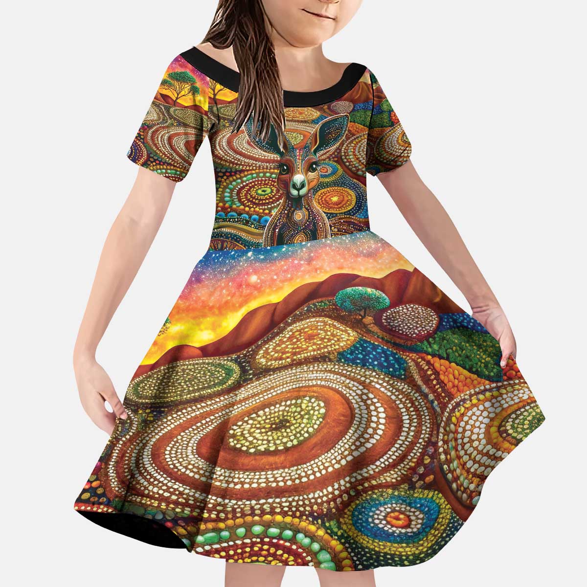 Australian Aboriginal Art Kangaroo Kid Short Sleeve Dress Looking Forward Looking Blak Aboriginal Dot Painting