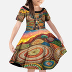 Australian Aboriginal Art Kangaroo Kid Short Sleeve Dress Looking Forward Looking Blak Aboriginal Dot Painting