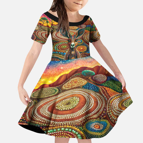 Australian Aboriginal Art Kangaroo Kid Short Sleeve Dress Looking Forward Looking Blak Aboriginal Dot Painting