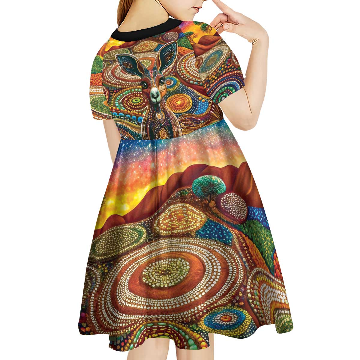 Australian Aboriginal Art Kangaroo Kid Short Sleeve Dress Looking Forward Looking Blak Aboriginal Dot Painting