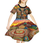 Australian Aboriginal Art Kangaroo Kid Short Sleeve Dress Looking Forward Looking Blak Aboriginal Dot Painting