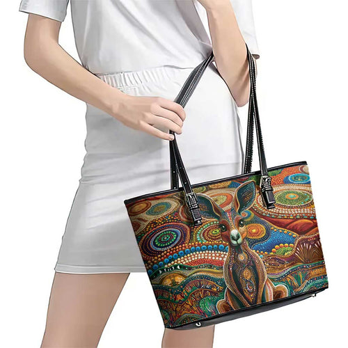 Australian Aboriginal Art Kangaroo Leather Tote Bag Looking Forward Looking Blak Aboriginal Dot Painting