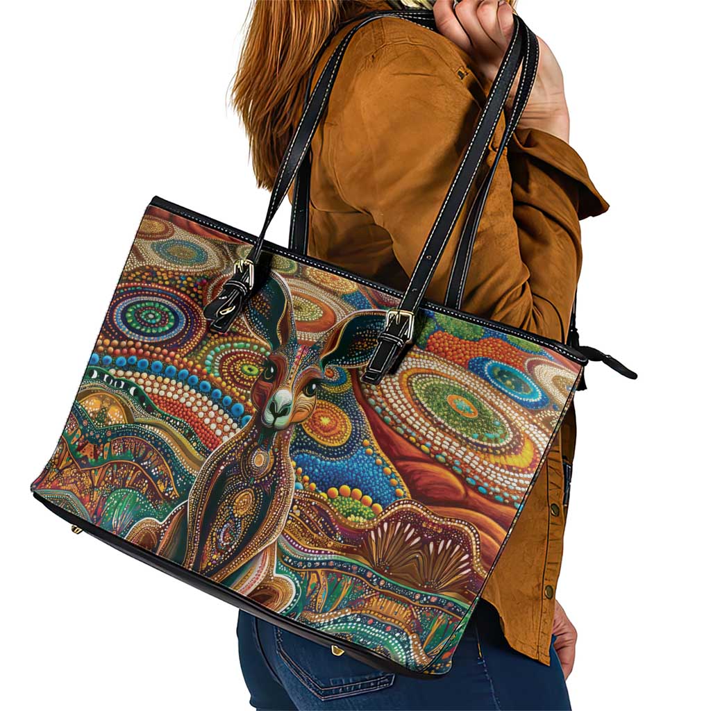 Australian Aboriginal Art Kangaroo Leather Tote Bag Looking Forward Looking Blak Aboriginal Dot Painting