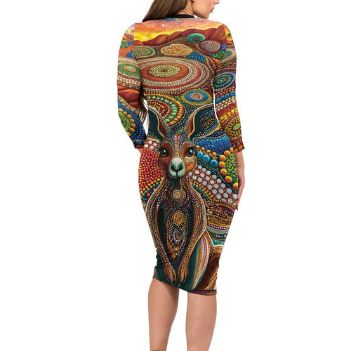 Australian Aboriginal Art Kangaroo Long Sleeve Bodycon Dress Looking Forward Looking Blak Aboriginal Dot Painting