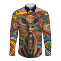 Australian Aboriginal Art Kangaroo Long Sleeve Button Shirt Looking Forward Looking Blak Aboriginal Dot Painting