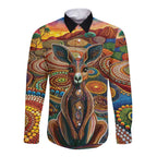 Australian Aboriginal Art Kangaroo Long Sleeve Button Shirt Looking Forward Looking Blak Aboriginal Dot Painting