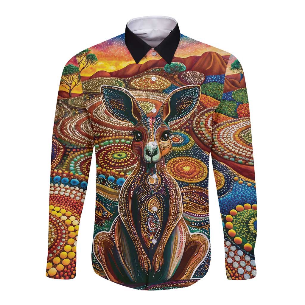 Australian Aboriginal Art Kangaroo Long Sleeve Button Shirt Looking Forward Looking Blak Aboriginal Dot Painting