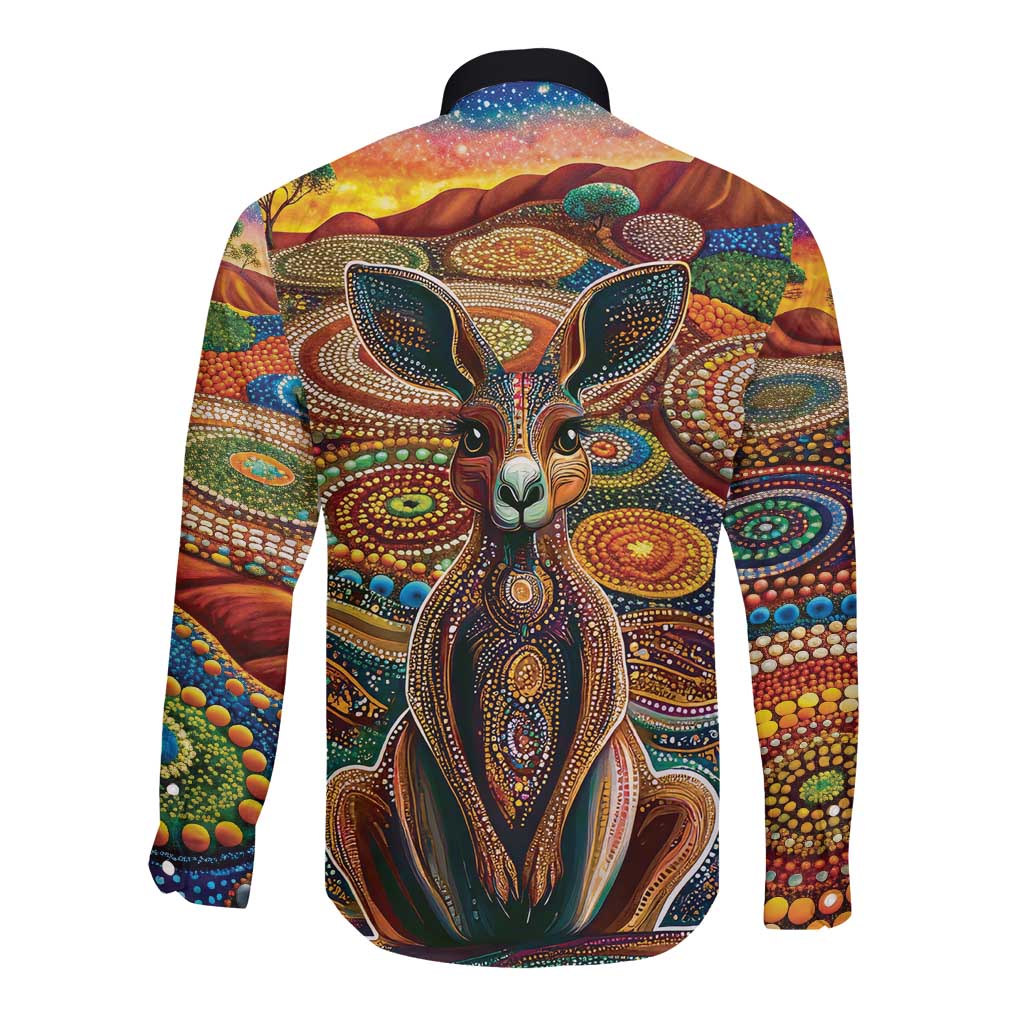 Australian Aboriginal Art Kangaroo Long Sleeve Button Shirt Looking Forward Looking Blak Aboriginal Dot Painting