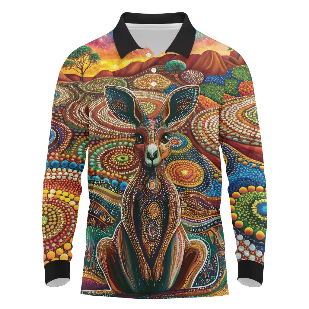Australian Aboriginal Art Kangaroo Long Sleeve Polo Shirt Looking Forward Looking Blak Aboriginal Dot Painting