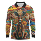 Australian Aboriginal Art Kangaroo Long Sleeve Polo Shirt Looking Forward Looking Blak Aboriginal Dot Painting