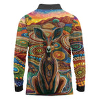 Australian Aboriginal Art Kangaroo Long Sleeve Polo Shirt Looking Forward Looking Blak Aboriginal Dot Painting