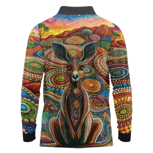 Australian Aboriginal Art Kangaroo Long Sleeve Polo Shirt Looking Forward Looking Blak Aboriginal Dot Painting